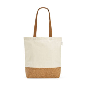 SL051 - Sacola em 70% algodão reciclado e 30% poliéster reciclado (180 g/m²) com fundo em cortiça.